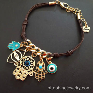 Bracelete de couro Knots Chain mau olhado com Pingente Hamsa